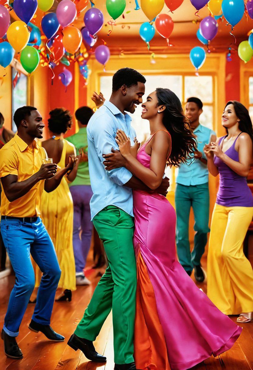 A vibrant scene depicting a lively celebration, with diverse couples engaged in joyful moments of intimacy and connection. Include elements of music, dancing, and colorful decorations that evoke a sense of freedom and exploration. The atmosphere should radiate warmth and happiness, inviting viewers to join in the ecstasy. Use bold colors and dynamic poses to enhance the emotion of the scene. super-realistic. vibrant colors.