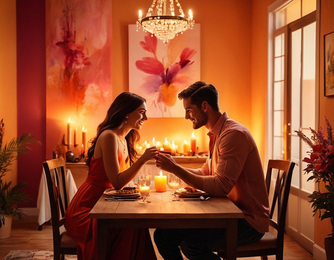 A vibrant scene depicting a lively couple enjoying a romantic dinner, surrounded by candles and soft lighting. The atmosphere is playful, full of laughter and joy, with subtle hints of artistic adult elements in the decor. A warm color palette enhances the feeling of intimacy and passion. The background features abstract art symbolizing love and pleasure, creating a tempting invitation to explore deeper connections. super-realistic. vibrant colors. intimate setting.